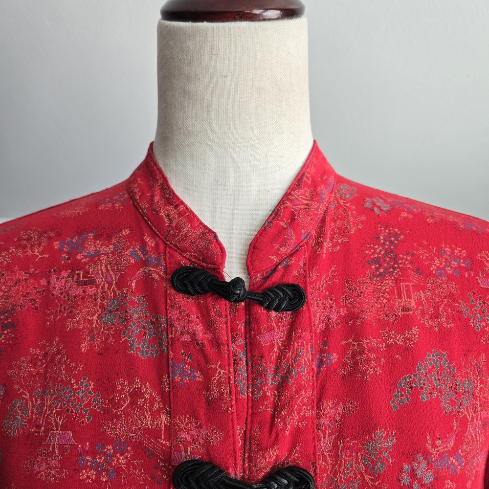 Clio Vintage 80s Red Rayon Top with Oriental Print - Picture 2 of 11